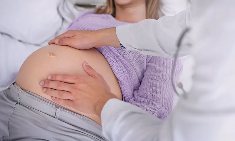 Doctor performing an abdominal palpation examination on a pregnant woman lying down