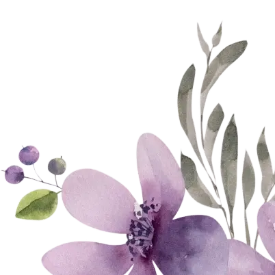 Watercolor illustration of a blooming purple flower with delicate leaves and berries in the corner