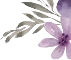 Watercolor illustration of a blooming purple flower with delicate leaves and berries in the corner